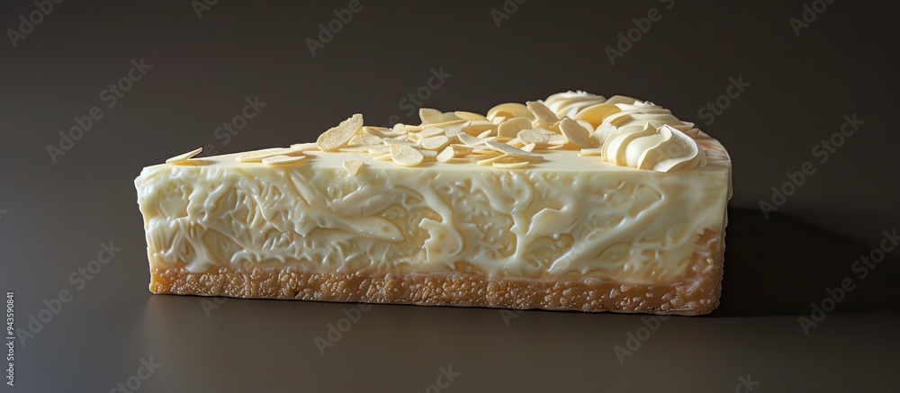 Poster a delicious cheesecake adorned with scattered almond flakes displayed in a tantalizing arrangement w