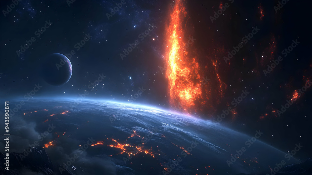 Poster a fiery explosion in space with a planet in the foreground.