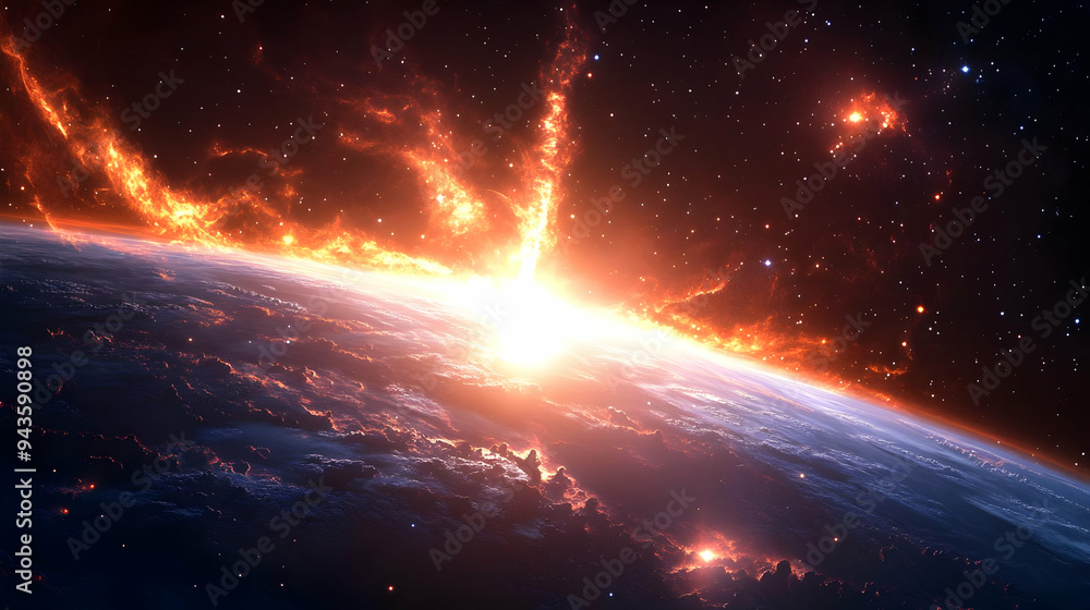 Poster a fiery explosion in space with a planet in the foreground.