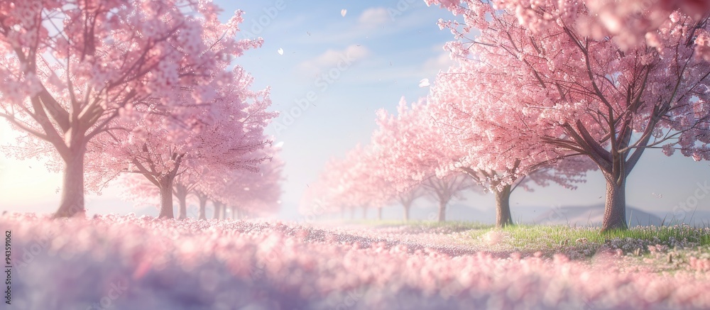 Poster Scenic view of a landscape lined with Japanese cherry blossom trees ideal for adding copy space image