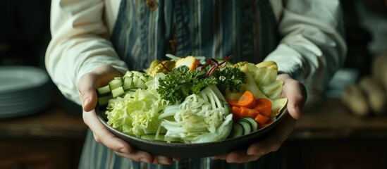 A waiter proudly presents a plate of assorted pickled vegetables such as cabbage cucumbers and more in a well composed copy space image