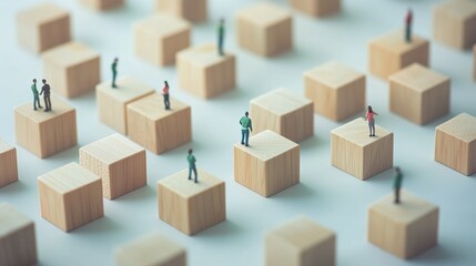 Fototapeta premium Miniature figures on wooden blocks in an abstract layout representing teamwork and collaboration in a creative workspace