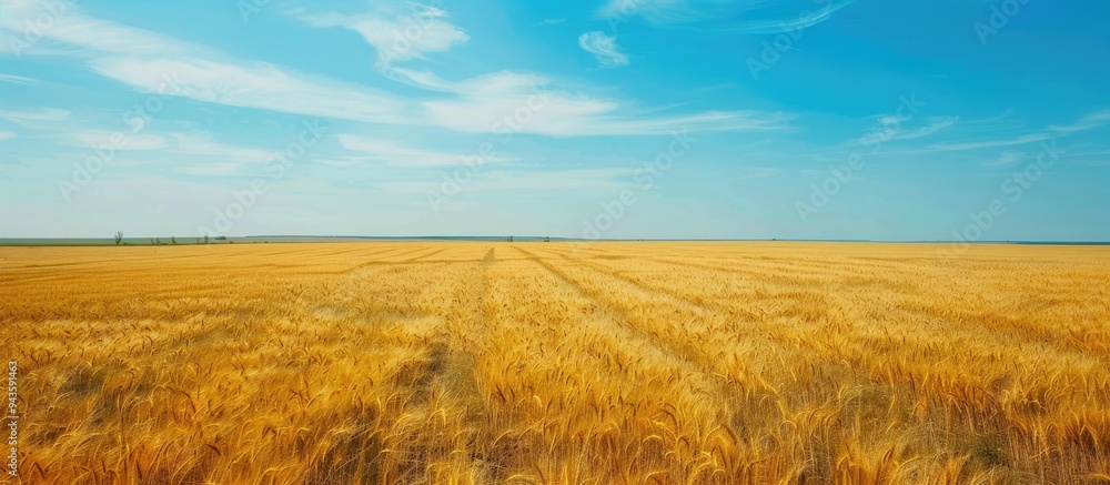 Poster Aerial view photo showing a vast rural wheat field in spring or summer with blue sky and no clouds perfect for copy space image