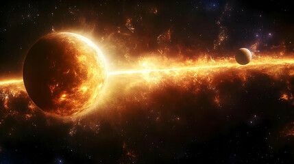 Obraz premium A fiery explosion in space with two planets, one engulfed in flames.