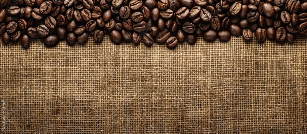 Poster A textured surface of roasted coffee beans on a brown linen fabric backdrop is set as a flat lay with copy space image visible from a top view