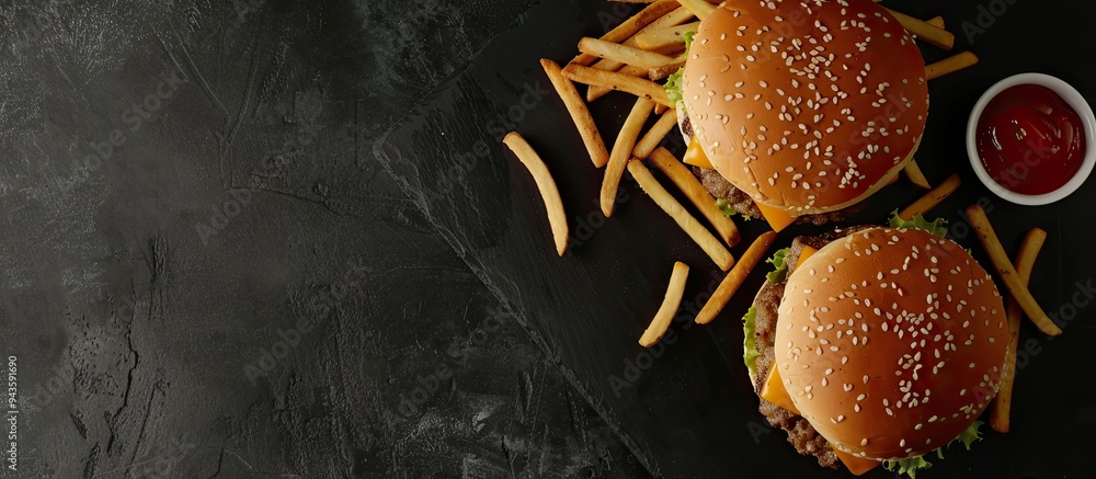 Poster Top view of a fast food burger menu with fries and ketchup on a black background including a copy space image