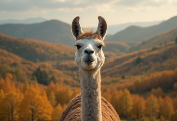 Obraz premium Charming alpaca stands proudly, surrounded by golden autumn landscapes and majestic mountains under soft sky