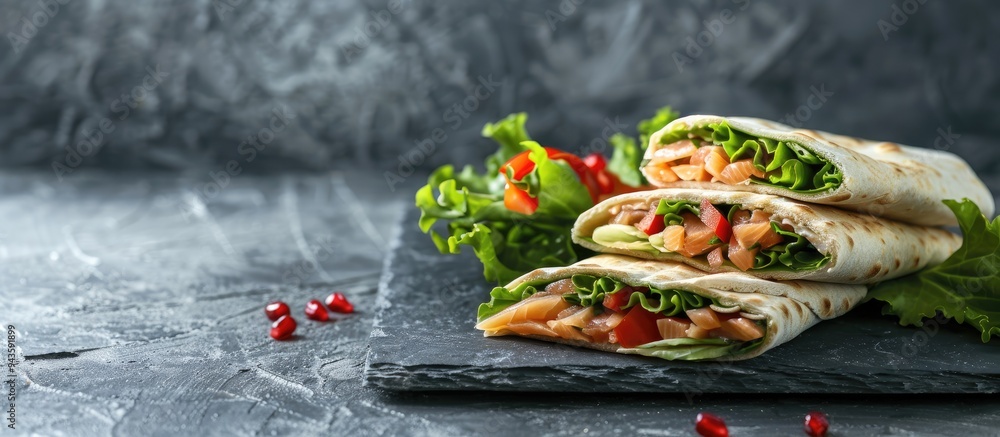 Poster Thin pita rolls and salted salmon with lettuce on a slate stand against a grey concrete backdrop offering copy space image