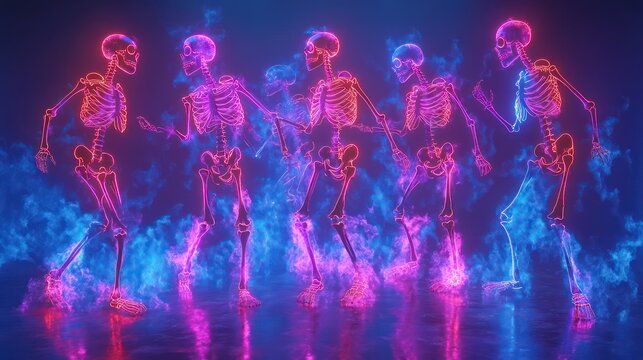 Dancing neon skeletons on the dance floor, Halloween party.