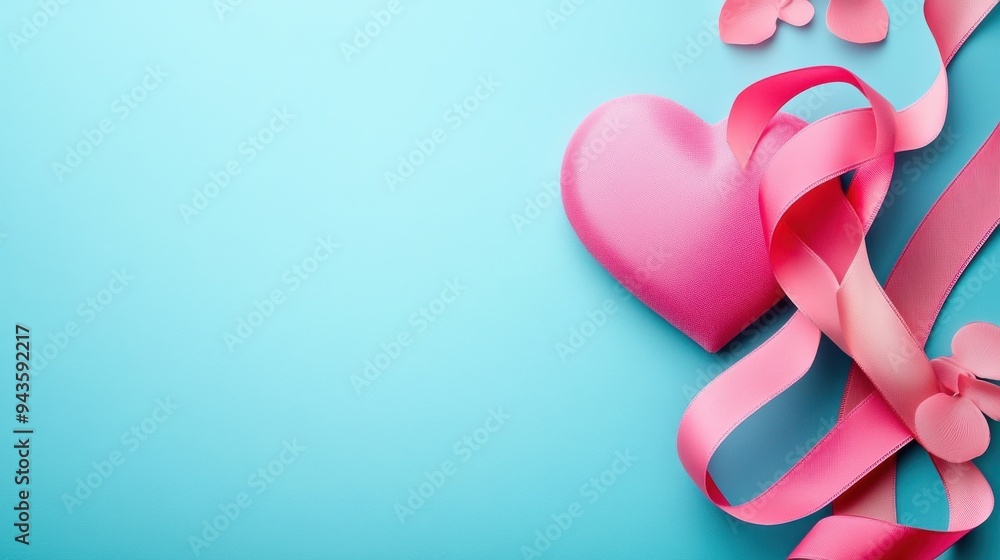 Wall mural pink heart and ribbon on blue background