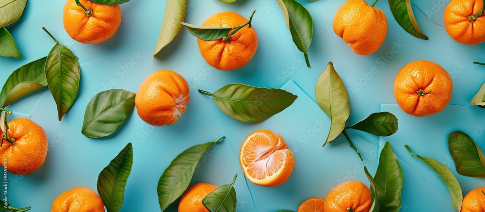 Fototapete top down view of numerous ripe mandarins with vibrant green leaves on a colorful backdrop ideal for 