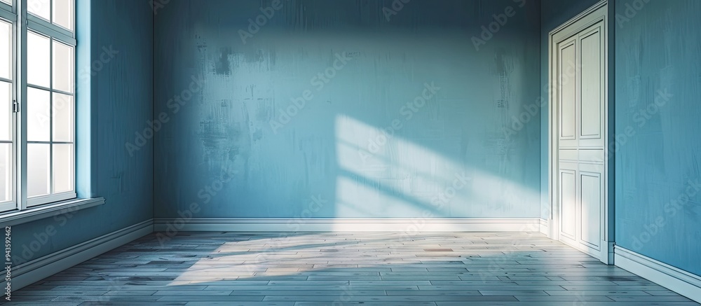 Fototapete room with bare blue walls and empty floor ideal for displaying a copy space image