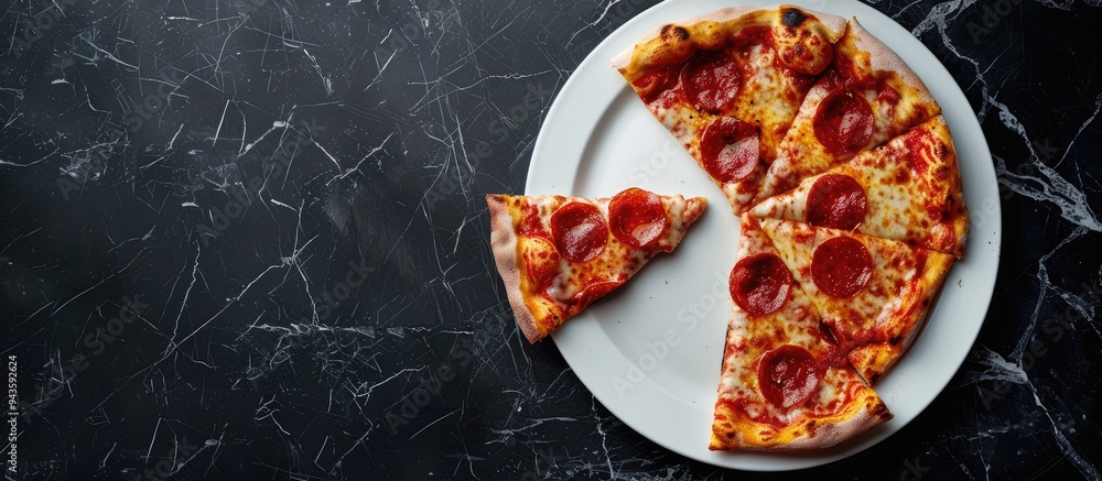 Poster pizza slice being bitten on a white plate against a black marble backdrop with copy space image