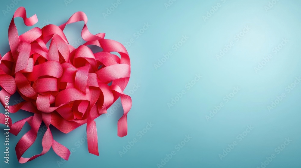 Poster Pink Ribbon Heart Shape on Blue Background