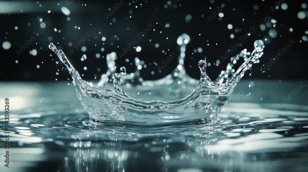 Poster A high-speed capture of a water droplet splashing into a pool of water, with the droplets frozen in mid-air, creating a dynamic and powerful image.