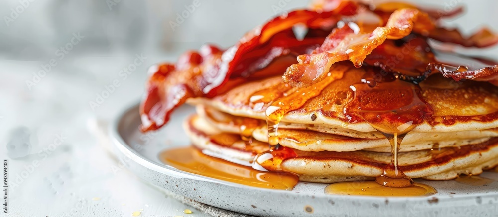 Leinwandbilder Close up shot of appetizing pancakes topped with crispy bacon and drizzled with honey elegantly displayed on a white table with a designated area for adding text making it a copy space image