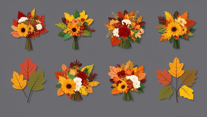 Obraz premium Set of stickers with a bouquet of autumn flowers, autumn leaves