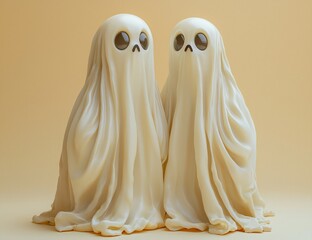 Halloween ghost figures on a minimalist background, ideal for party invitations, decorations, or themed promotional materials with copy space.