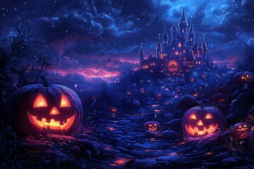 Obraz premium Halloween-themed spooky illustration featuring glowing pumpkins and a dark castle backdrop, ideal for party invitations, decorations, and seasonal promotions, with copy space.