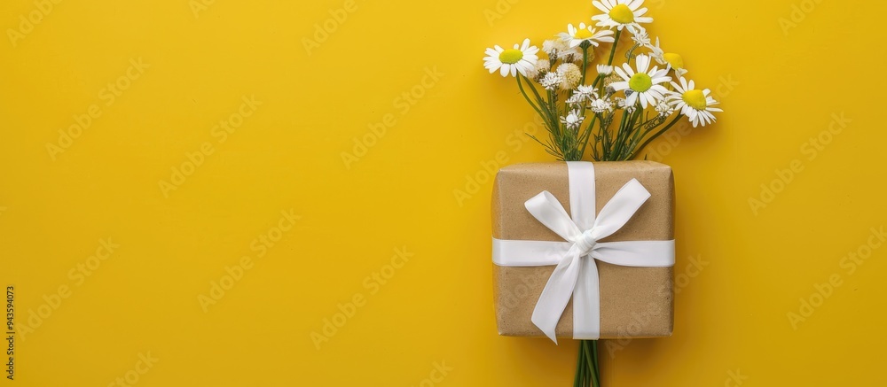 Poster top view of a gift box with a white ribbon and a bunch of chamomile flowers on a bright yellow backd