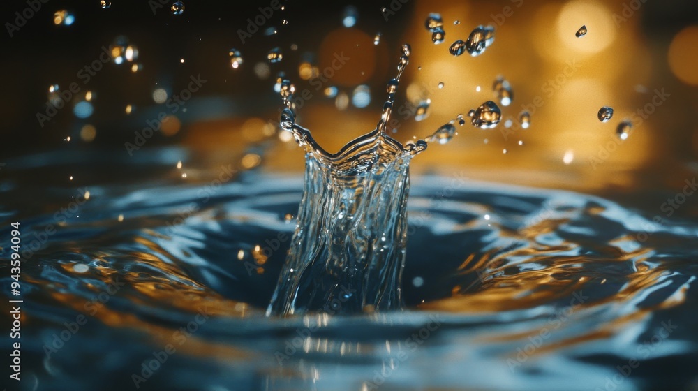 Poster A high-speed capture of a water droplet splashing into a pool of water, with the droplets frozen in mid-air, creating a dynamic and powerful image.