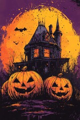 Fototapeta premium Halloween themed graphic featuring a haunted house with pumpkin heads against a violet background, ideal for t-shirt designs and party invitations with copy space.