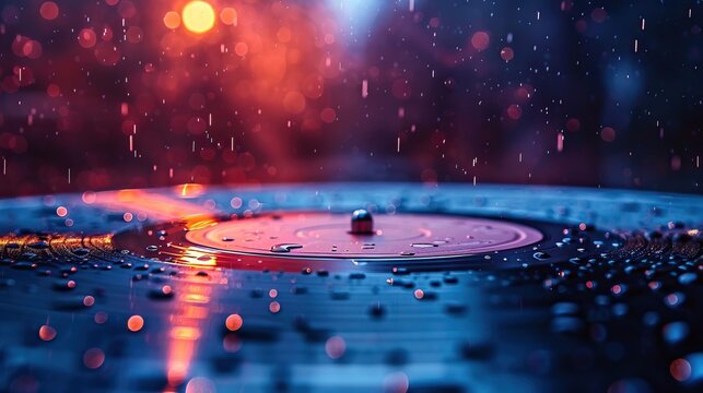 A vibrant vinyl record glistens with raindrops, capturing the essence of music amid a stunning, colorful backdrop.