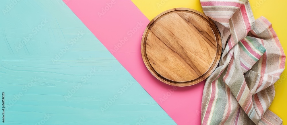 Fototapete top view of a cutting board with a napkin on a colorful background providing copy space image