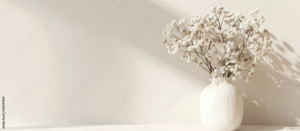 Poster minimalistic composition featuring white dried flowers in a vase on a white background with a decora