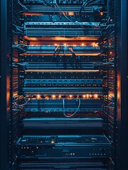 Obraz premium A computer server room with many wires and cables