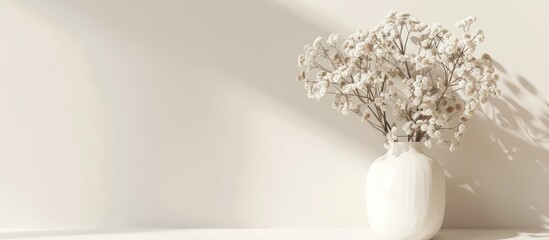 Minimalistic composition featuring white dried flowers in a vase on a white background with a decorative card creating contrast and a sleek aesthetic with copy space image