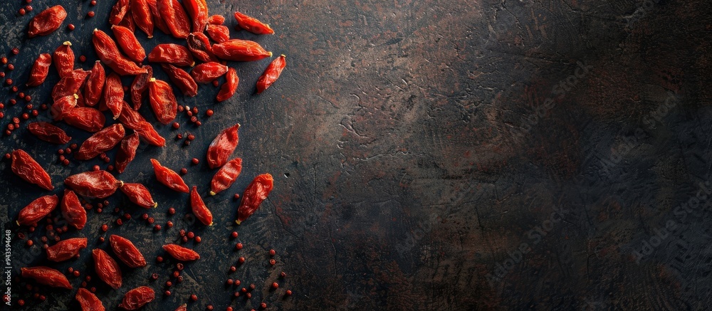 Poster dark textured table with dried goji berries arranged for a flat lay composition featuring ample copy