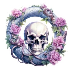 Fototapeta premium A captivating skull surrounded by elegant roses and a snake, blending beauty and darkness in a striking visual. Perfect for artistic themes.