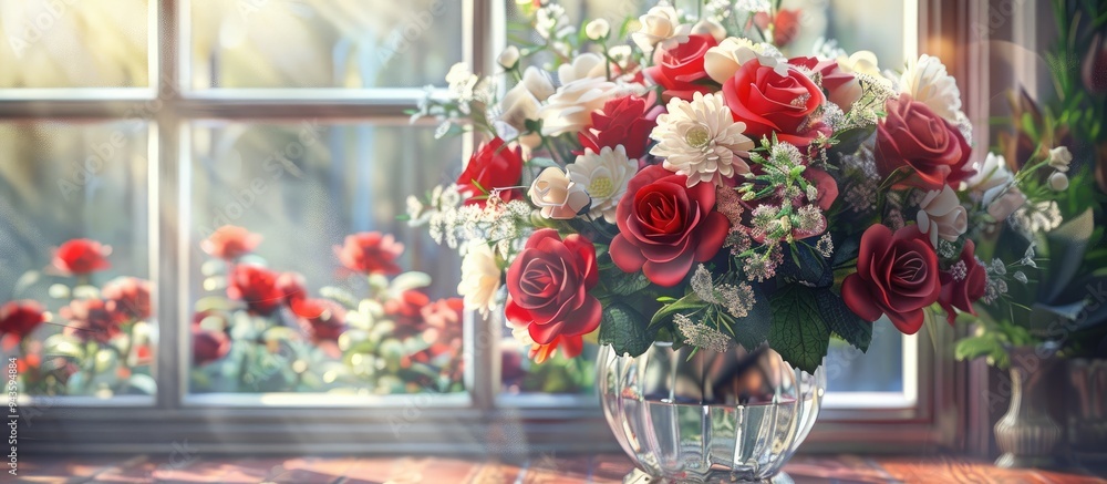Poster a charming floral arrangement of red roses white chrysanthemums and delicate pink blooms in a crysta