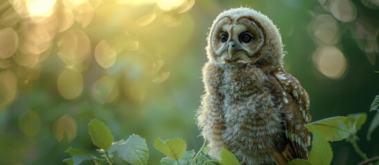 A baby tawny owl perched against a blurred green backdrop with space for text Represents wisdom charm and summer vibes perfect for illustrating biology and daily patterns. Creative banner