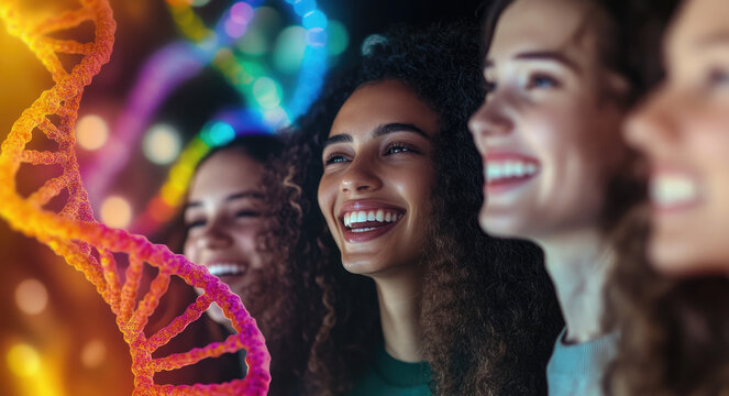 A diverse group of women smiling under the theme color, with DNA strands and mouse models in the background