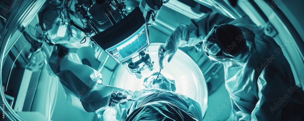 Poster overhead view of a surgical robot performing a medical procedure with doctors in a high-tech operati