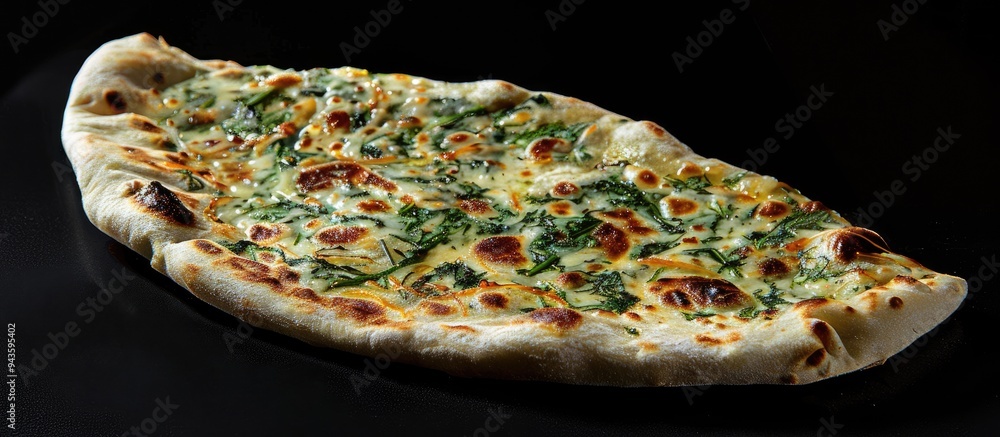 Poster top view of a gozleme a turkish flatbread filled with greens and cheese set against a black backgrou