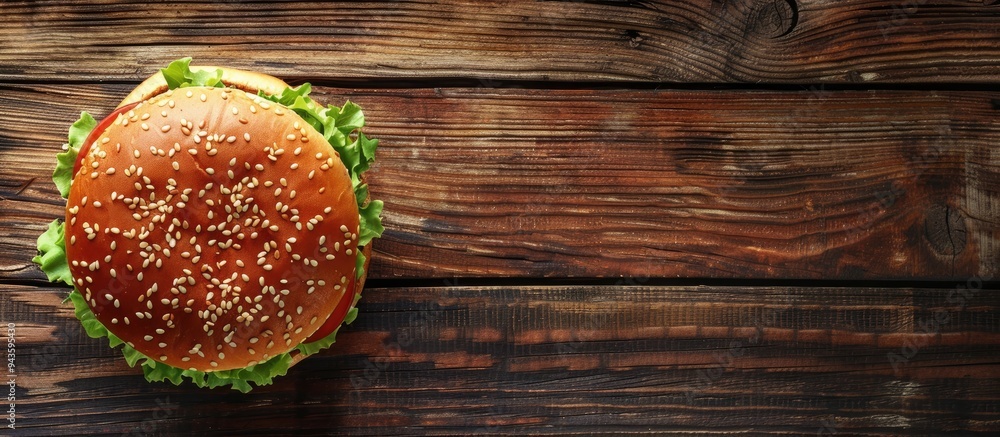 Aufkleber a homemade hamburger with sesame seeds on a dark wooden surface set against a white wood background 