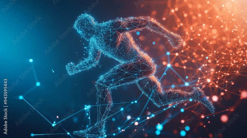 Poster abstract running man in lines and triangles against a sports technology background