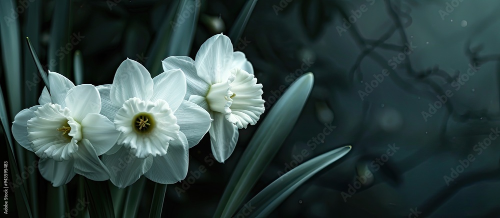 Aufkleber a close up image of white daffodil narcissus flowers in the garden against a dark natural background
