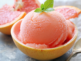 Refreshing grapefruit ice cream. Close-up.