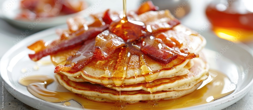 Aufkleber Close up shot of appetizing pancakes topped with crispy bacon and drizzled with honey elegantly displayed on a white table with a designated area for adding text making it a copy space image