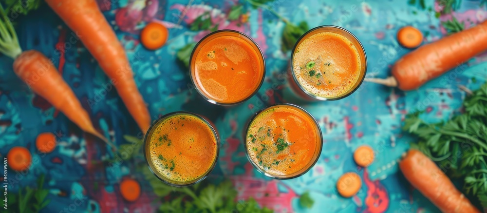 Poster above view of fresh vegetables surrounding glasses of healthy carrot juice on a colorful textured ta