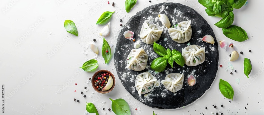 Leinwandbilder Blackboard with uncooked dumplings and basil on a white backdrop creating a visually appealing copy space image