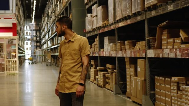 A young Caucasian bearded man walks in an IKEA store among high shelves with cardboard boxes. concept of consumerism