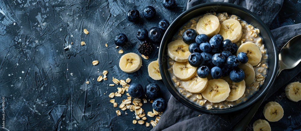 Poster top down view of a healthy oatmeal bowl adorned with blueberries and banana slices accompanied by ad