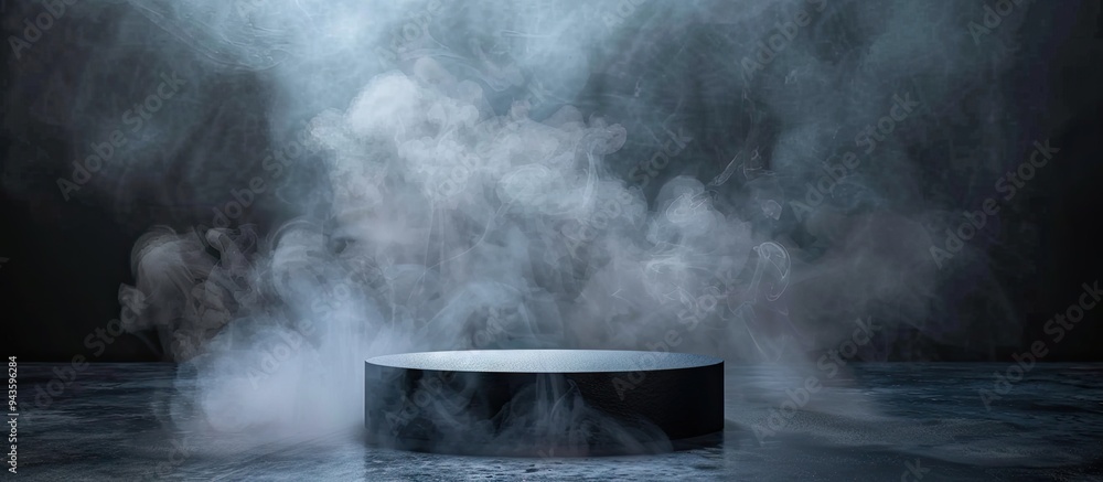 Poster cylindrical stage with a dark background and smoke for presentations offers ample copy space image