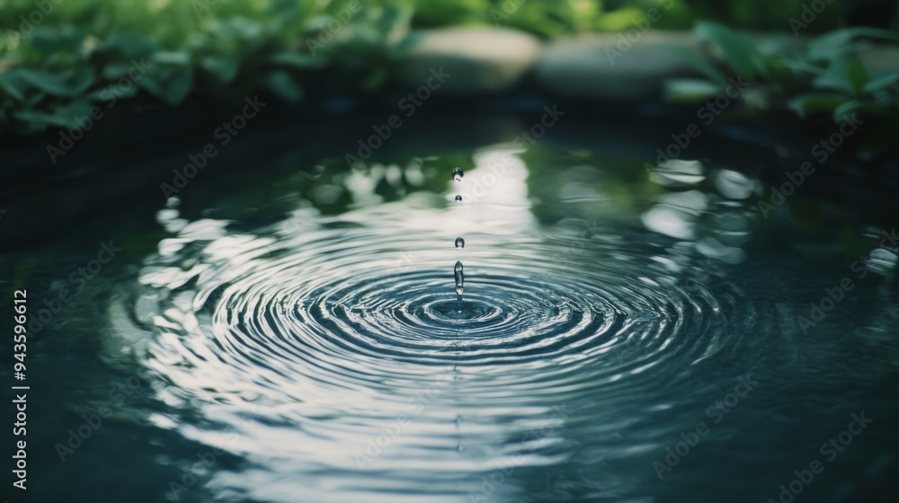 Poster a water droplet falling into a calm pool, creating ripples that expand outward, symbolizing tranquil