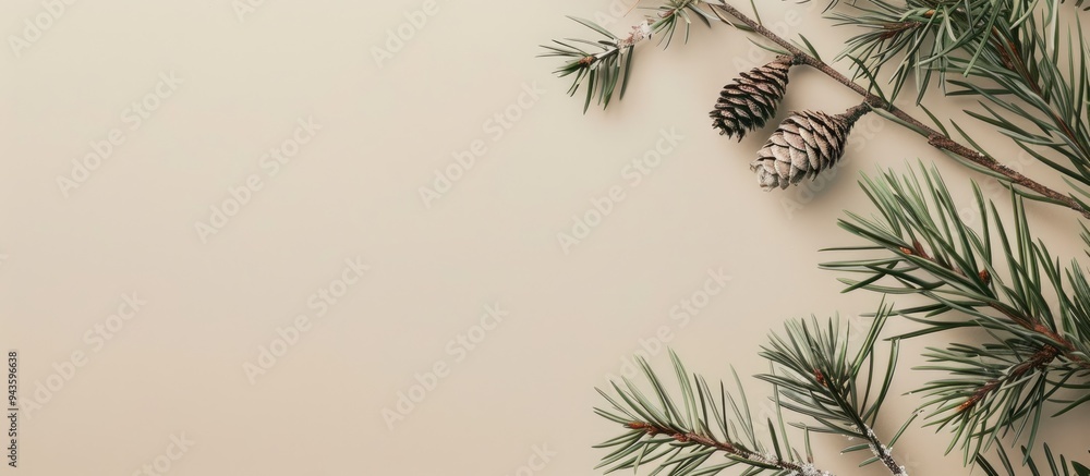 Poster nature scene featuring pine branches and dry snags on a beige backdrop suitable for beauty product b